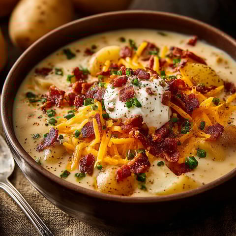 A bowl of soup with bacon and cheese.