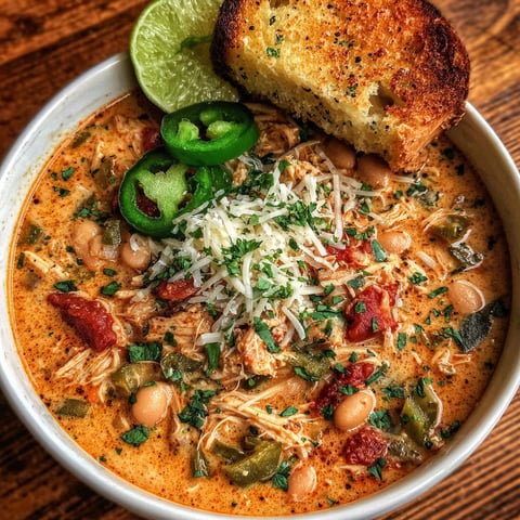 A bowl of Cajun White Chicken Chili with a slice of bread.