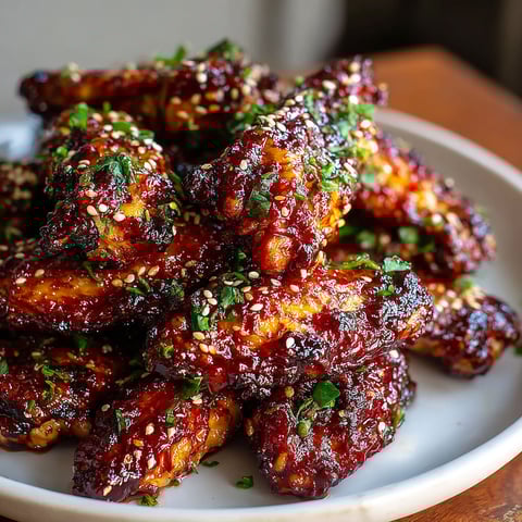 A plate of spicy Korean chicken wings with gochujang sauce.