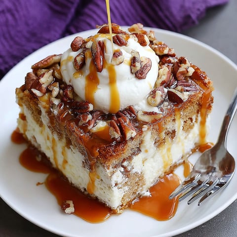 A slice of pumpkin caramel bourbon poke cake.