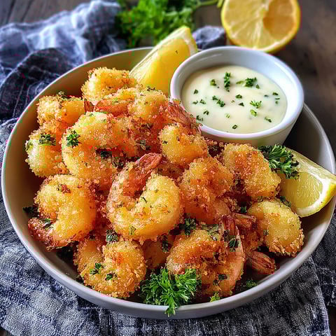 A bowl of crispy popcorn shrimp bites with a lemon wedge.