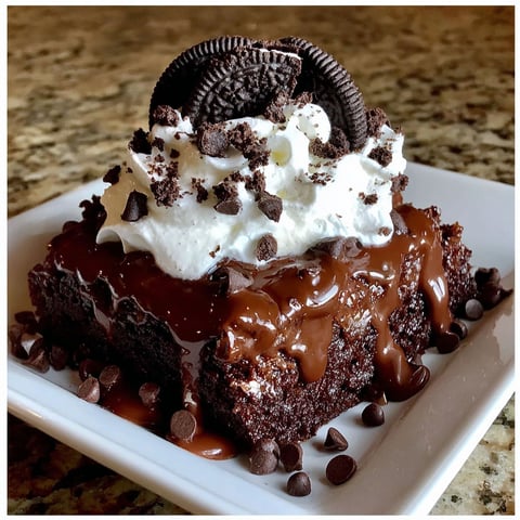 A slice of chocolate cake with white icing and chocolate drizzle.