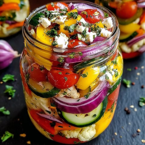A jar of pickled vegetables with a variety of colors and textures.