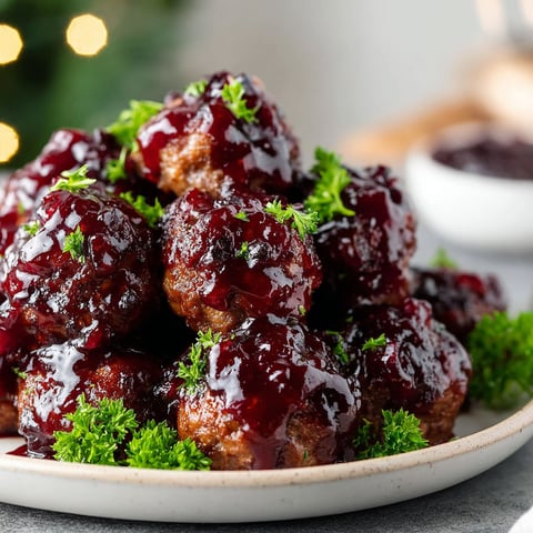 A plate of meatballs covered in cranberry sauce.