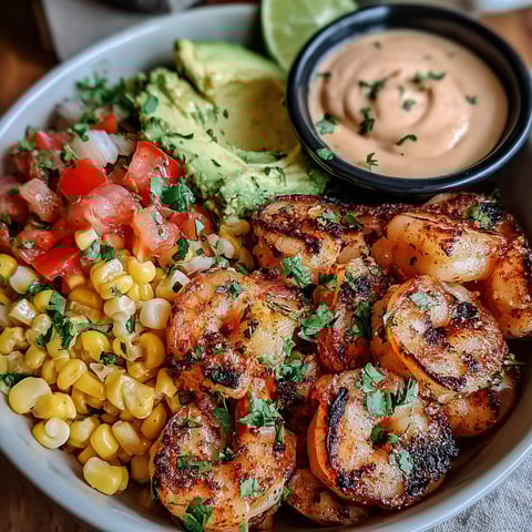 A bowl of grilled shrimp, avocado, and tomatoes.