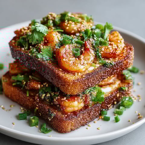A stack of toast with shrimp on top.