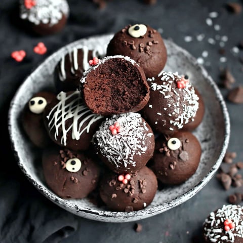 A bowl of chocolate truffles with white icing.