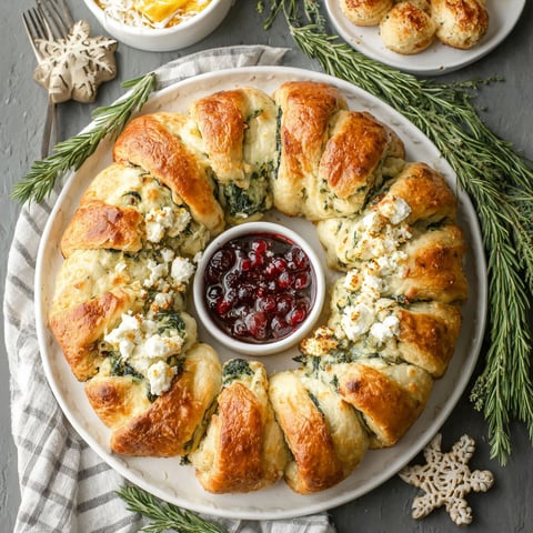 A spinach puff ring with a bowl of fruit in the center.