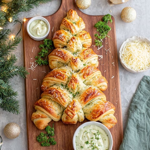 A garlic-herb pull-apart crescent tree on a wooden board.