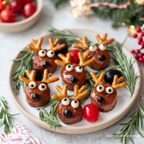 A plate of sausage bites shaped like reindeer.