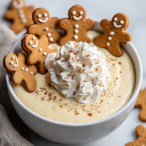 A bowl of eggnog pudding dip with gingerbread cookies on top.