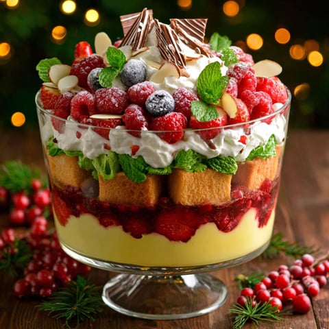 A glass bowl filled with a Christmas trifle.