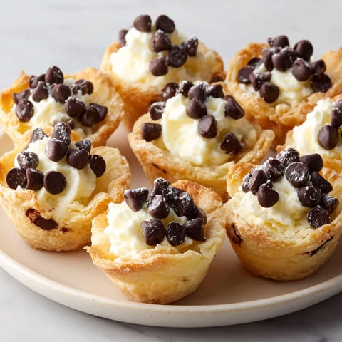 A plate of mini cannoli bites with white and brown toppings.