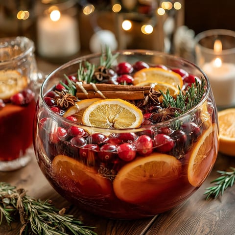 A bowl of fruit and spices, including oranges, cranberries, and lemons, is filled with a holly jolly spiced Christmas punch.