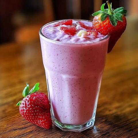A glass of strawberry yogurt smoothie with two strawberries on the side.