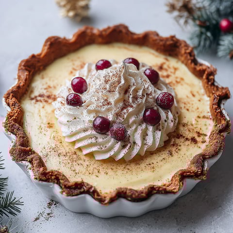 A slice of eggnog pie with whipped cream and berries on top.